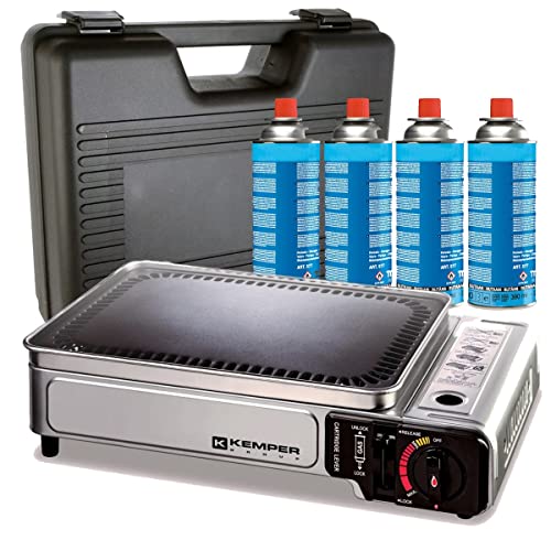 Kemper Gasgrill, tragbar, 2300 W, antihaftbeschichtet, inkl. 4 Gaskartuschen für Camping + Transportkoffer von Kemper