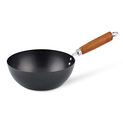 Ken Hom KH320001 Carbonstahl Mini Wok, 20cm, Classic, Nicht-Induktion/Holzgriff/Pfanne mit Flachem Boden, Nicht spülmaschinenfest von Ken Hom