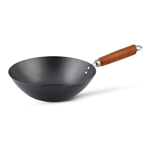 Ken Hom KH327001 Carbonstahl Wokfanne, 27cm, Classic, Nicht-Induktion/Holzgriff/Pfanne mit Flachem Boden, Nicht spülmaschinenfest von Ken Hom