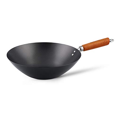 Ken Hom KH331001 Carbonstahl Wokfanne, 31cm, Classic, Nicht-Induktion/Holzgriff/Pfanne mit Flachem Boden, Nicht spülmaschinenfest von Ken Hom