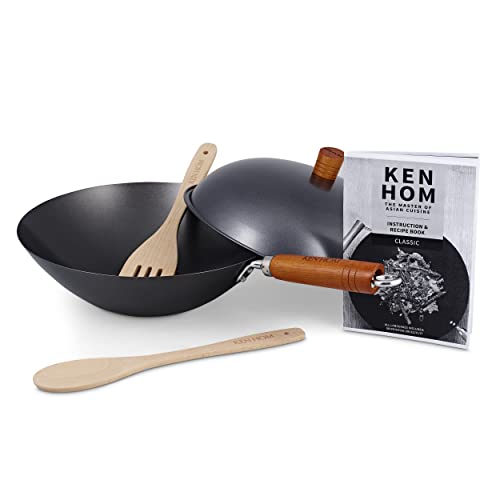 Ken Hom KH331051 Carbonstahl Wokpfanne Set, 31cm, Classic, Nicht-Induktion/Holzgriff/Pfanne mit Flachem Boden, Nicht spülmaschinenfest von Ken Hom