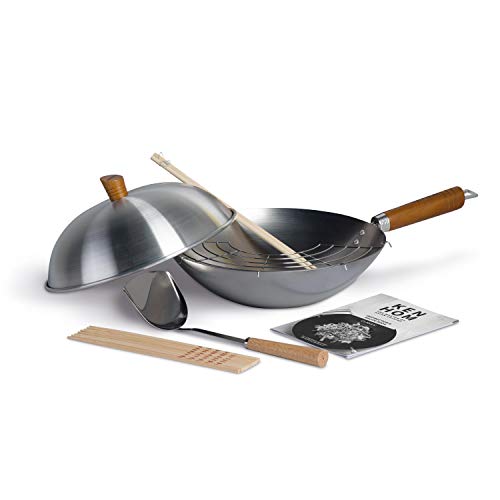 Ken Hom KH331103 Carbonstahl Wokpfanne Set, 31cm, Classic, Wok mit Deckel, Kochbuch, Ablagegitter und Zubehör, Nicht Induktion, Nicht spülmaschinenfest von Ken Hom