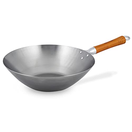 Ken Hom großer Wok 31 cm aus unbeschichtetem Karbonstahl und mit Holzgriff - Wokpfanne ohne Induktion von Ken Hom