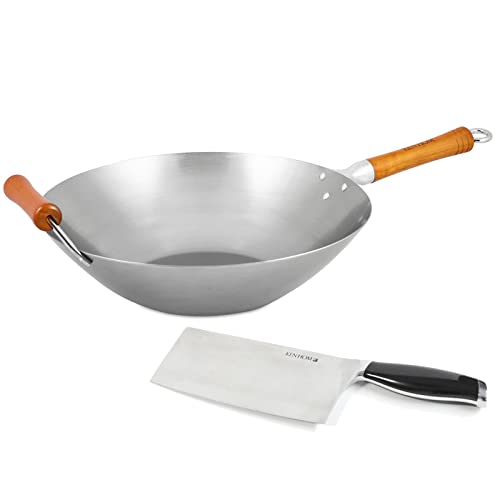 Ken Hom großer Wok 36 cm Induktion aus unbeschichtetem Karbonstahl mit Buchenholz-Griff - Set inkl. Hackmesser 18 cm von Ken Hom