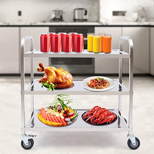 3 Etagen Servierwagen Edelstahl Rollwagen mit Feststellbremsen Küchenwagen Teewagen Abräumwagen Lebensmittelwagen Catering Gastro Service Wagen Geschirrwagen (Mittlere Größe: 85*45*90cm) von KenSyuInt