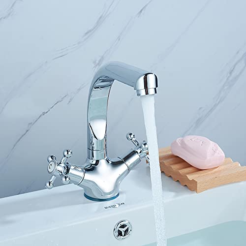 Doppelhebel Waschtischbatterie Zweigriff Waschtischarmatur Retro Cross Bad Mischbatterie Silber Waschtisch Armatur Zweigriffmischer Waschbecken Wasserhahn Messingkern Chrom von KenSyuInt