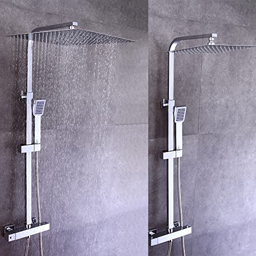 Dusche mit Thermostat Brausegarnitur Regenduschkopf mit Handbrause Regenbrause Duschsystem Duscharmatur Duschsäule Regendusche Duschset Verstellbarer Brausestangenkopf 40x40cm von KenSyuInt