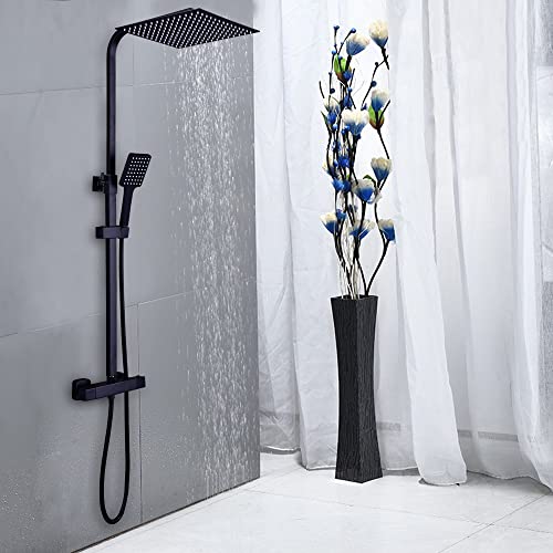 Duschset mit Thermostat Duschsystem mit Kopfbrause Handbrause Duschset Eckig Messing Edelstahl Schwarz Duscharmatur Regendusche Duschamatur Schwarz Bad Duschset von KenSyuInt