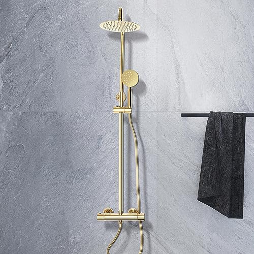 Edelstahl Duschsystem Duschset Regendusche mit Thermostat Regenbrausegarnitur Brausegarnitur Brausesäule Regenduschset Kopfbrause Gold von KenSyuInt