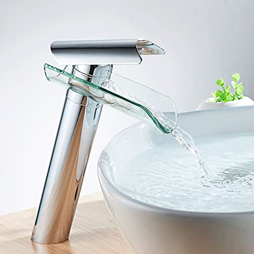 Glas Wasserhahn Waschtischarmatur Chrom Wasserfall Armatur Badezimmer mit Glasauslauf Messing, Einzelhahn Waschtisch Mischbatterie Set, Küche Bad Waschbeckenarmatur Einhebelmischer von KenSyuInt