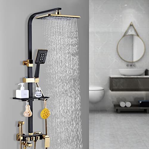 Regendusche Duschset Schwarz Gold Duschsystem mit Kopfbrause Handbrause Duschkopf Duschpaneel Duscharmatur Duschgarnitur Duschsäule, Einstellbare Höhe 75-120cm von KenSyuInt
