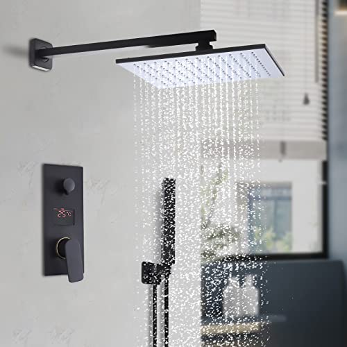 Unterputz Duschsystem Regenbrause Armatur System LED Schwarz LED-Duschsystem mit Digitalem Bildschirm Regendusche Duschset mit Duschkopf Handbrause Wasserfall Badewasserhahn von KenSyuInt