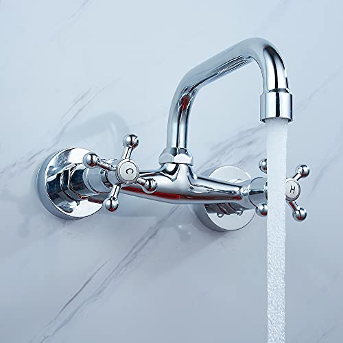 Wasserhahn Wandmontage Küchenarmatur Messing Zweigriff Wandarmatur Bad Armatur Waschtischarmatur Verchromt Nostalgiearmatur mit schwenkbarem U-Auslauf von KenSyuInt