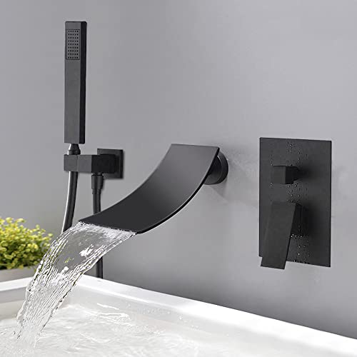 Wasserhahn Wasserfall Wandmontage Badewannenarmatur Schwarz Mit Handbrause Duschsysteme Wannenarmatur Wasserfall Auslauf Wandhalterung Einhandmischer Wasserhahn Badewanne Für Bad Dusche von KenSyuInt