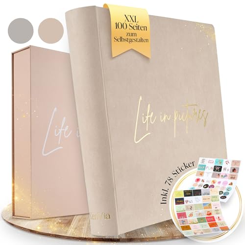 KenVia® Fotoalbum zum Selbstgestalten - XXL 100 weiße Seiten (50 Blatt) mit Stickern & Geschenkbox - Foto-Album groß 400 Fotos - Erzähle dein Leben in Bildern - NEUES Fotobuch zum Einkleben von KenVia