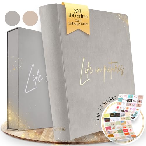 KenVia® Fotoalbum zum Selbstgestalten - XXL 100 weiße Seiten (50 Blatt) mit Stickern & Geschenkbox - Foto-Album groß 400 Fotos - Erzähle dein Leben in Bildern - NEUES Fotobuch zum Einkleben von KenVia