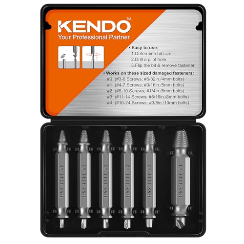 KENDO Schraubenausdreher-Set für beschädigte Schrauben – Entferner für abisolierte Schrauben, Muttern und Bolzen, Bohrer-Werkzeuge zum einfachen Entfernen von rostigen und gebrochenen Hardware, 6 von Kendo