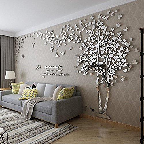 Kenmont DIY 3D Riesig Paar Baum Wandtattoos Wandaufkleber Kristall Acryl Wandtattoo Aufkleber Vögel Vine Zweig Wandkunst Wohnzimmer Schlafzimmer Kinderzimmer Sticker (Small, Silber, Links) von Kenmont