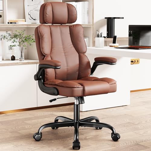 Kensaker Chefsessel aus Leder, Computerstuhl mit dickem Kissen und Lendenwirbelstütze, ergonomischer Schreibtischstuhl mit Verstellbarer Kopfstütze und Armlehnen, Braun von Kensaker