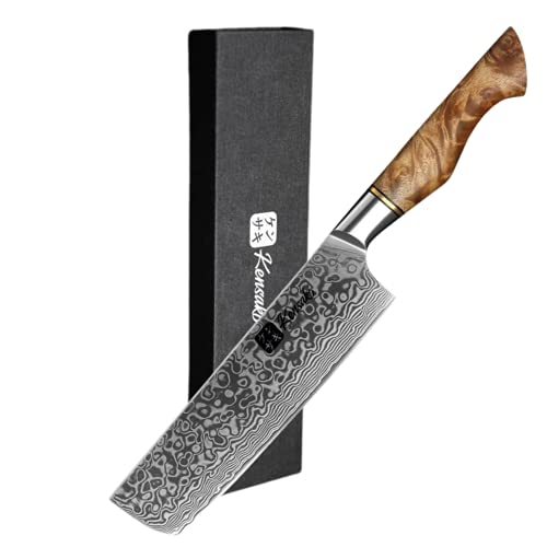 Kensaki Nakiri Messer aus Damaszener Stahl Küchenmesser Japanischer Art hergestellt aus 67 Lagen Damaststahl Kiniro Serie KEN-025 von Kensaki