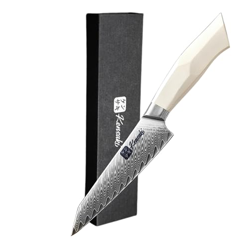 Kensaki Allzweckmesser aus Damaszener Stahl Küchenmesser Japanischer Art hergestellt aus 67 Lagen Damaststahl | Weißer G10 Griff - Shiro Serie von Kensaki