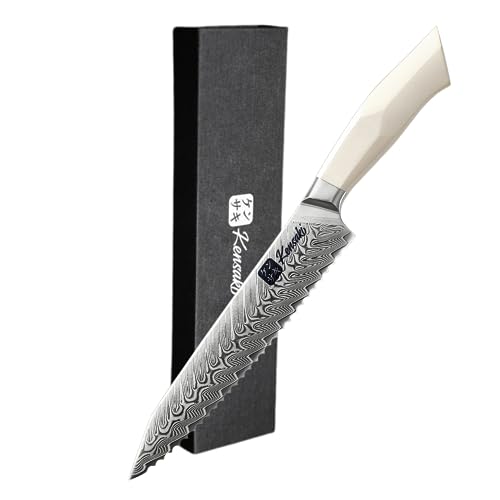 Kensaki Brotmesser aus Damaszener Stahl Küchenmesser Japanischer Art hergestellt aus 67 Lagen Damaststahl | Weißer G10 Griff - Shiro Serie von Kensaki