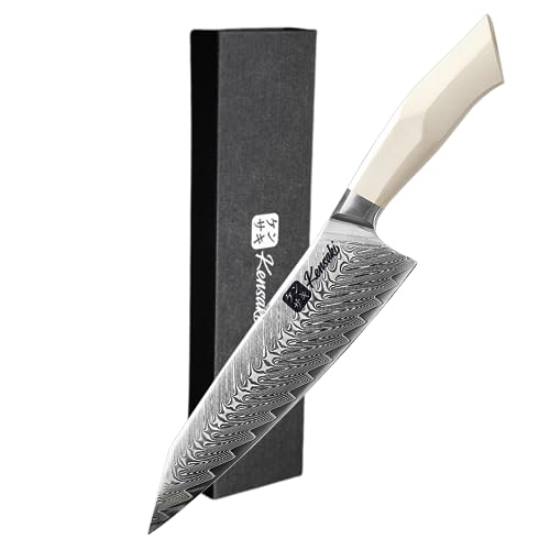 Kensaki Chefmesser aus Damaszener Stahl Küchenmesser Japanischer Art hergestellt aus 67 Lagen Damaststahl | Weißer G10 Griff - Shiro Serie von Kensaki