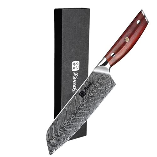 Kensaki Santoku Messer aus Damaszener Stahl Küchenmesser Japanischer Art hergestellt aus 67 Lagen Damaststahl Chairo Serie, KEN-002 von Kensaki