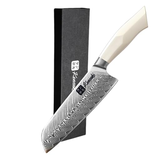 Kensaki Santoku Messer aus Damaszener Stahl Küchenmesser Japanischer Art hergestellt aus 67 Lagen Damaststahl | Weißer G10 Griff - Shiro Serie von Kensaki