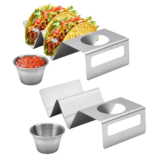 Kensbro Taco-Shell-Halter aus Edelstahl,2PCS Taco Rack Shell mit Dip-Gericht, Hot Dog Halter für Restaurant Picknick Party Sandwiches Würste Tacos Behalter von Kensbro