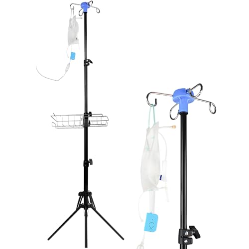 Verstellbarer Infusionsständer mit Regale und Erinnerung, Klappbar Infusionsständer mit 4 Haken und 3 Netzbeuteln, Höhenverstellbar 90cm-190cm, Faltbare IV-Stange für Zuhause Pflegeheime Klinikum von Kensbro
