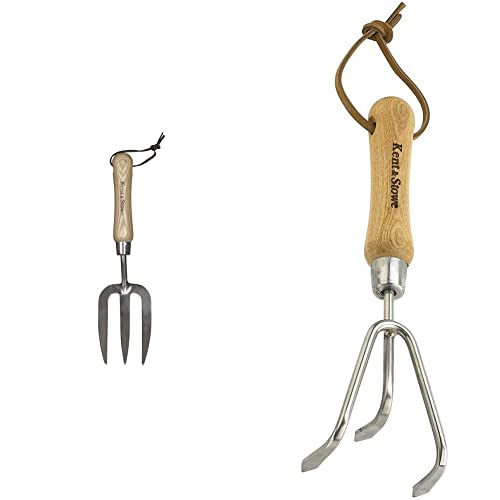 Kent & Stowe Handgabel – Blumengabel aus Edelstahl für die Gartenpflege, 31 cm & 3 Zinken-Grubber – Handgrubber aus Edelstahl, zum Aufbrechen verhärteter Böden, 28 cm von Kent & Stowe