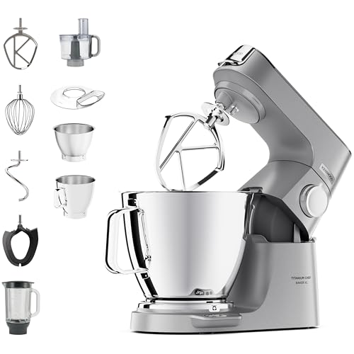 Kenwood Titanium Chef Baker XL KVL85.424SI - Küchenmaschine mit integrierter Waage & 2 Rührschüsseln, 1200 Watt, inkl. 4-teiligem Patisserie-Set, Glas-Mixaufsatz & Zerkleinerer, Silber von Kenwood