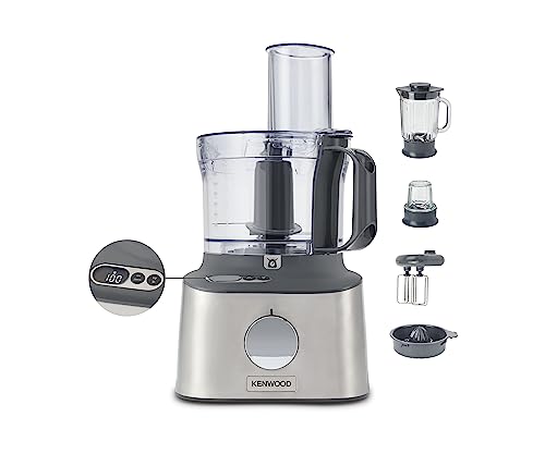 Kenwood Multipro Compact+ FDM313SS Kompakt-Küchenmaschine, 2,1 Liter, Integrierte Waage, Edelstahl Messer, 3 Arbeitsscheiben und 6 weitere Zubehör-Teile, Metallgehäuse, 800 Watt, silber von Kenwood