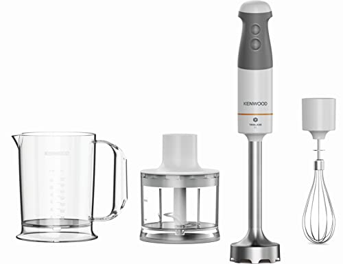 Kenwood Tauchmixer HBM40.302WH, TriBlade System mit 3 Klingen, 1 Geschwindigkeit und Turbo, Metallstange 20 cm lang, inkl. Schneebesen, abgestuftes Glas, 0,5 l, 850 W, weiß von Kenwood