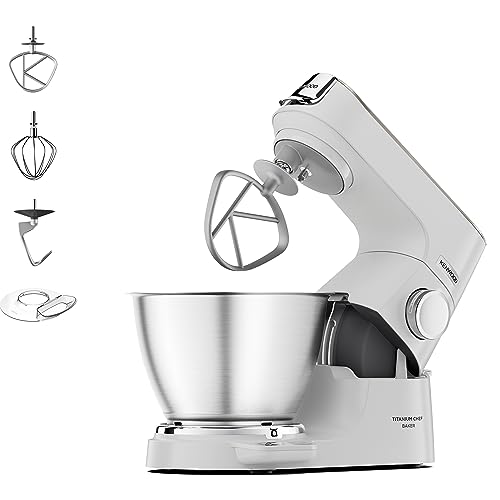 Kenwood Titanium Chef Baker KVC65.001WH - Küchenmaschine mit integrierter Waage, 1200 Watt, inkl. 3-teiligem Patisserie-Set, Spatel & Spritzschutz, Weiß von Kenwood