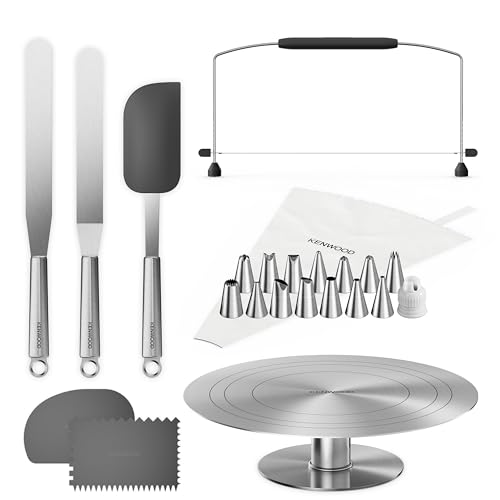 Kenwood Tortendekorationsset KWSD100, Deko-Set für Kuchen und Torten inkl. Tortenplatte, Spritzbeutel, 3 Teigschaber, Winkel- und Streichpalette und Tortensäge, Edelstahl von Kenwood