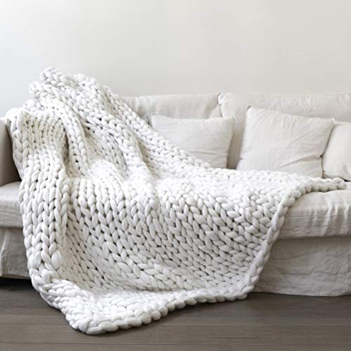 Kenyaw Decke Gestrickte Grobe Strickdecke Wolle Garn Handgefertigt Haustier Bett Stuhl Sofa Super Große Arm Stricken Sperrig Decke(Weiß/80 * 100CM) von Kenyaw