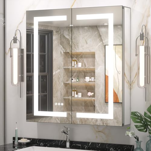 Keonjinn 30 x 32 beleuchteter Medizinschrank mit Defogger und Steckdosen, Medizinschrank mit Lichtern, 3 Farben, dimmbar, mit verstellbaren Regalen, Oberfläche aus gehärtetem Glas oder versenkter von Keonjinn