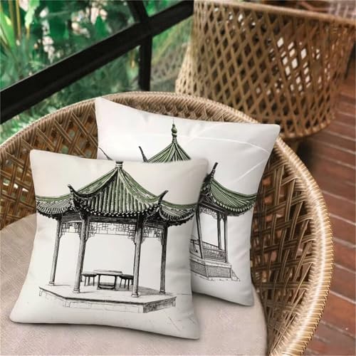 Outdoor Kissen Grün Pagode, Weich Kissenbezug 70x70, Deko Schlafzimmer, Sitzkissen Outdoor Wasserdicht Atmungsaktiv, Home Dekor Balkon Patio Wohnzimmer Sofa Stuhl Bett, Versteckter Reißverschluss -310 von Keoxco