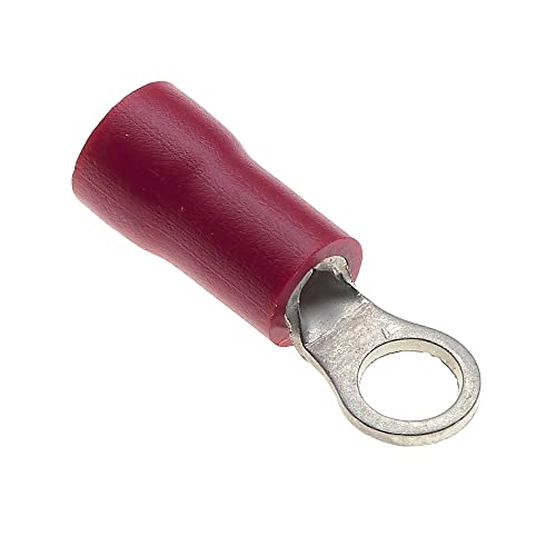 Ring-Crimp-Klemme - 100 Stück, Rot, 3,7mm, 25A, 22-16 AWG - Schrumpfschlauch-Ringsteckverbinder, Verzinnte Kupfersteckverbinder, Isolierte Ringkabelschuhe von Keple