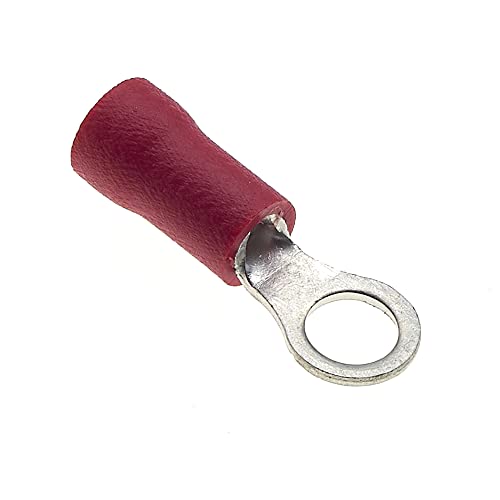 Ring-Crimp-Klemme - 100 Stück, Rot, 4mm, 25A, 22-16 AWG - Schrumpfschlauch-Ringsteckverbinder, Verzinnte Kupfersteckverbinder, Isolierte Ringkabelschuhe von Keple