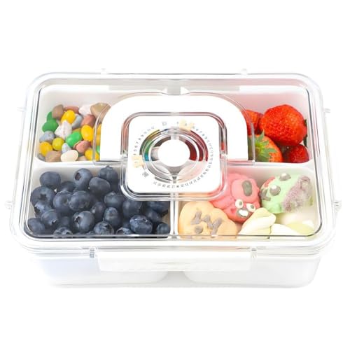 Kepuarm Geteiltes Serviertablett mit Deckel,Timer und Griff, abnehmbare geteilte Platte, Lebensmittelaufbewahrungsbehälter für Weihnachtsfeier, Gemüse, Obst, Nüsse, Süßigkeiten, Cracker (4 Fächern) von Kepuarm