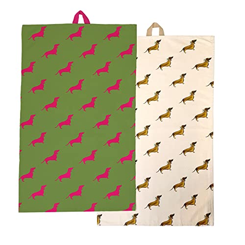 Kera Till Geschirrtuch Set Dackel Dog Doggy Hund Tea Towel ca. 82cm H x 48,5cm B Design Art Print Baumwolle waschmaschinenfähig (pink/braun) von Kera Till