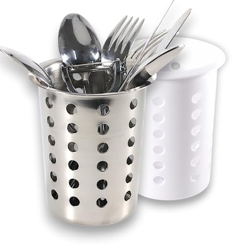 Besteckhalter Set Doppelpack nestbar Besteck Körbchen Köcher aus Edelstahl & Kunststoff randverstärkt, konisch, Lochboden vielseitig Besteckkorb für Spülmaschine, Utensilienhalter für Pinsel Halter von Kerafactum