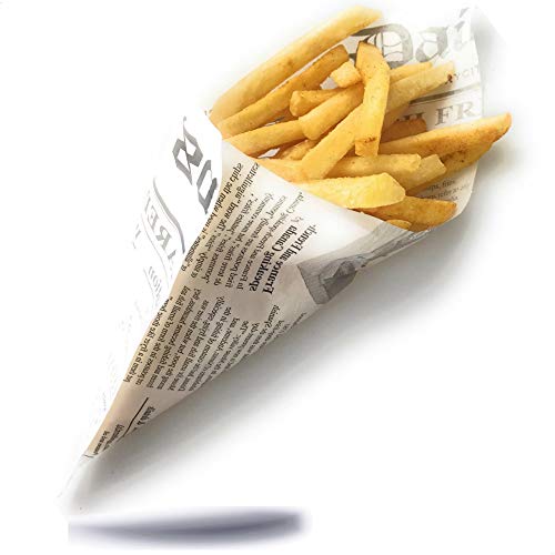 Kerafactum® - 50 Stück fettdichte Pommestüte Pommes Tüten Kartoffelstäbchen für Fish and Chips geeignet French Fries Motiv Daily News Zeitung Tüte Zeitungstüte Größe 25 x 18 cm von Kerafactum