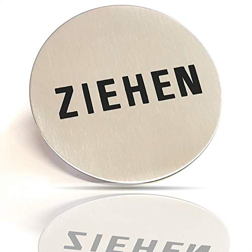 Kerafactum Ziehen pull Tür Türknauf Knauf Hinweis Gebotsschild Hinweisschild Türschild Rund aus Edelstahl matt glänzend Pictogramm rundes Schild Symbol Selbstklebend von Kerafactum