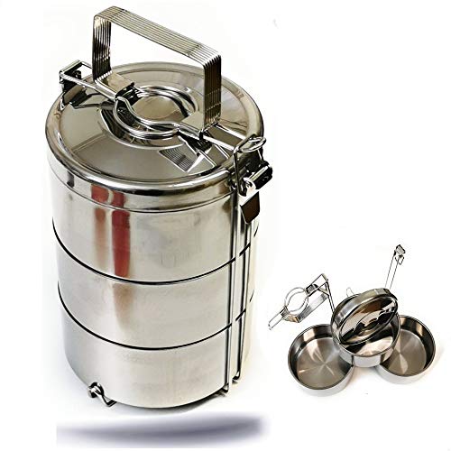 Kerafactum Essenträger Edelstahl Etagen Behälter Transportbehälter mit 1,8 Liter Volumen 3 Box für Essen ideal als Indian Lunchbox Speisenbehälter zum Warmhalten Wärmebehälter Henkelmann von Kerafactum