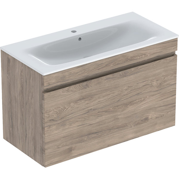 Geberit Renova Plan Set mit Waschtisch u. Unterschrank ,1 Schublade, 100x62,2x48cm, 501917, Farbe: Waschtisch: Weiß, Front/Korpus: Nussbaum hickory / folienbeschichtet von Keramag GmbH