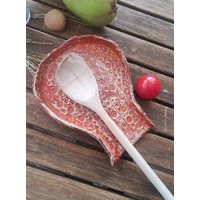 Löffelablage Kochen Backen Keramik Handgemacht Arbeitsplatte Hygiene Sauberkeit Pause Ruhe Löffelform Rund Tropfen Rot Struktur Dekoration von KeramikArtAnnett